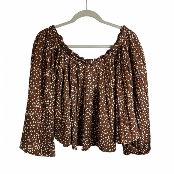 She + Sky Brown Polka Dot Off the Shoulder Silky Blouse Romantic Women’s Large - Picture 2 of 9